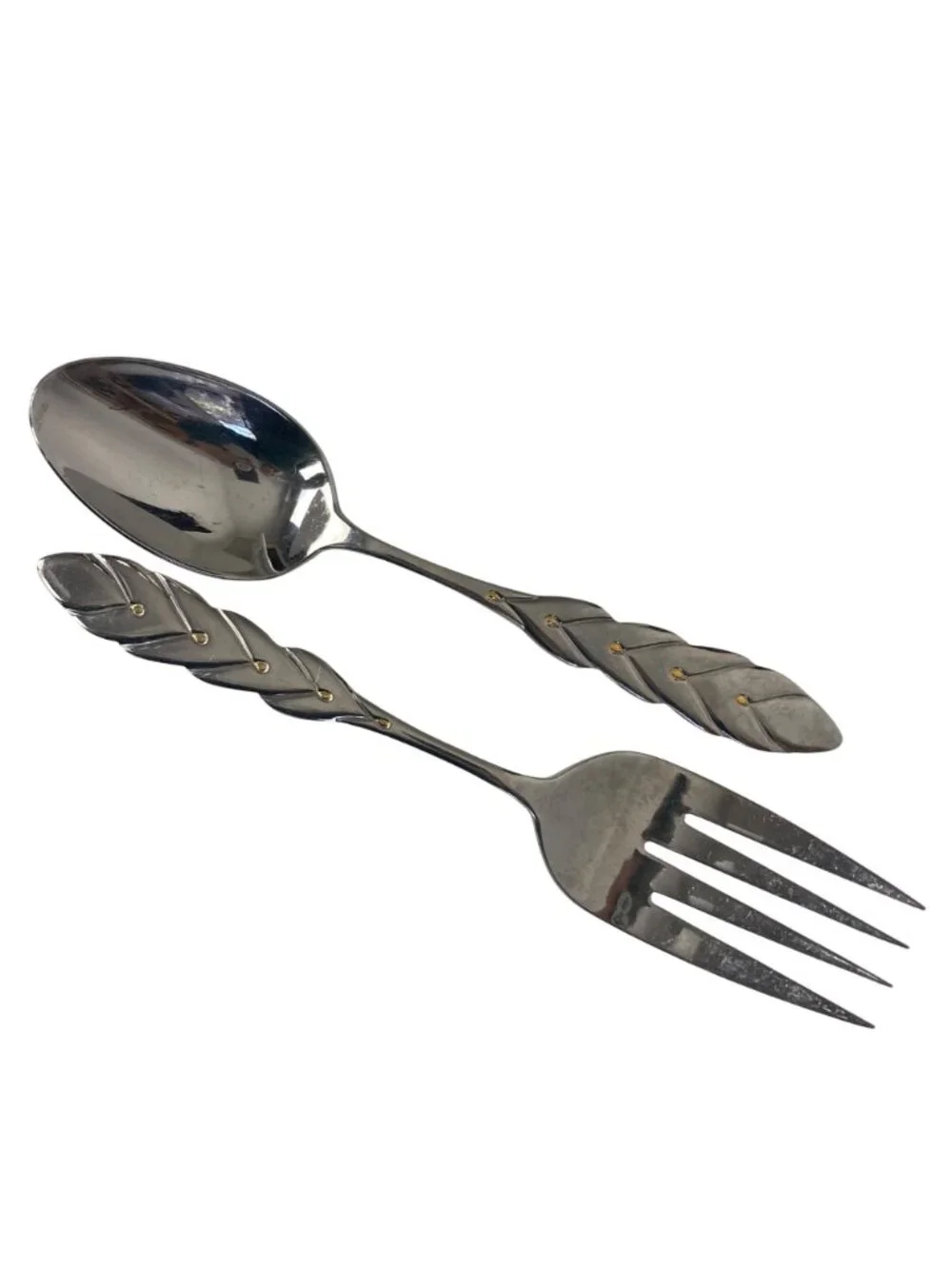 Pier 1 Imports P114 Stainless Large Serving Fork Spoon Set Gold Accents Korea